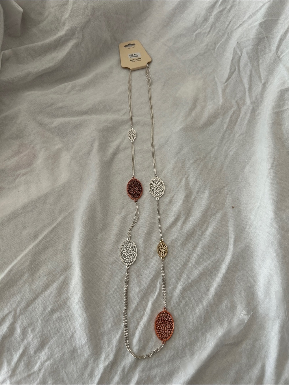 Mixed Metal Long Pendant Necklace - Silver with Rose and Gold Accents